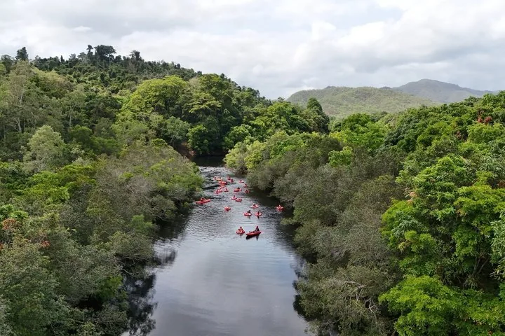 People floating on red tubes down a river winding through a dense forest.